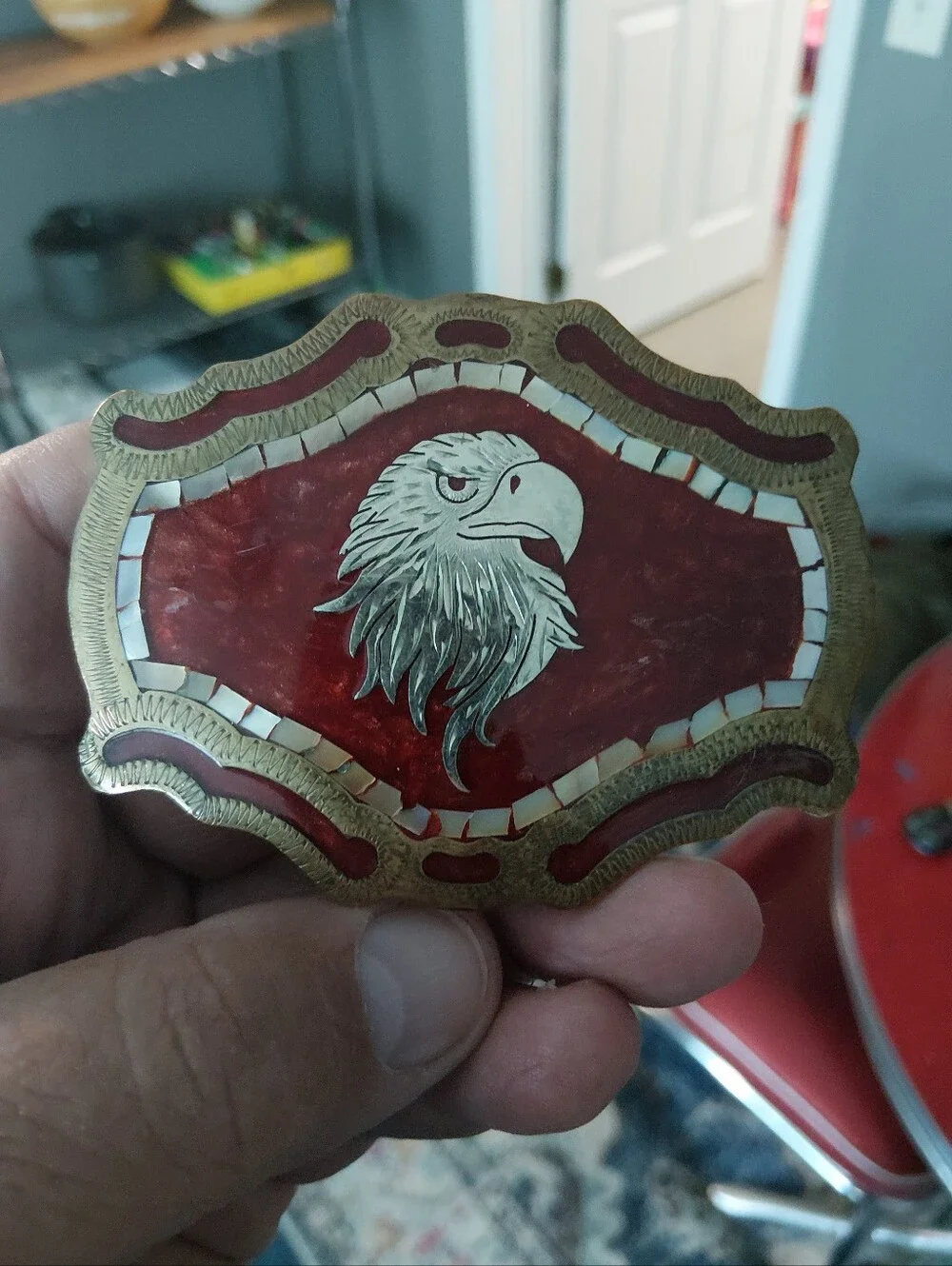 Vintage Eagle Motif Belt Buckle in Deep Red and Brass